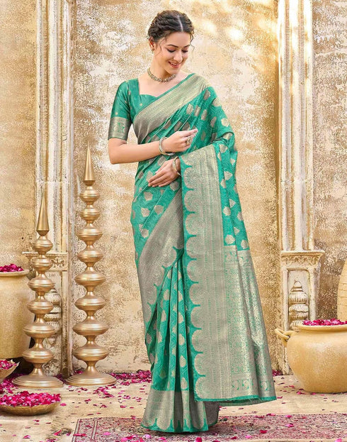 Vasthrlay Womens Weaving Mint Green | Gold Saree With Unstitched Blouse Piece
