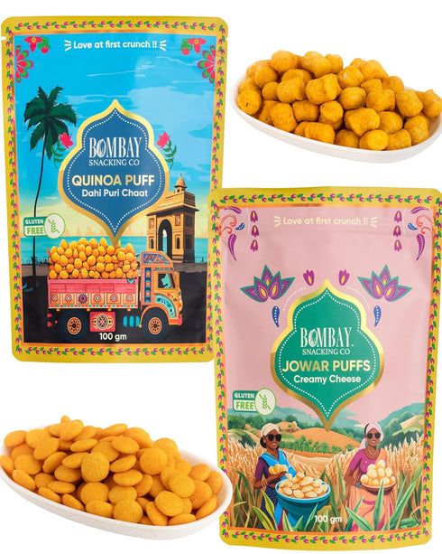 Bombay Snacking Company Quinoa Puff Dahi Puri Chaat & Jowar Puff Creamy Cheese(Pack of 2)