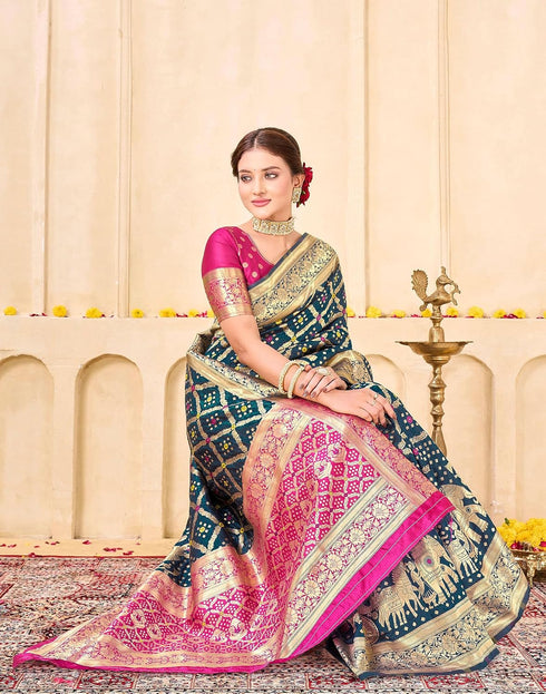 Vasthrlay Womens Weaving Navy Blue Saree With Pink Unstitched Blouse Piece