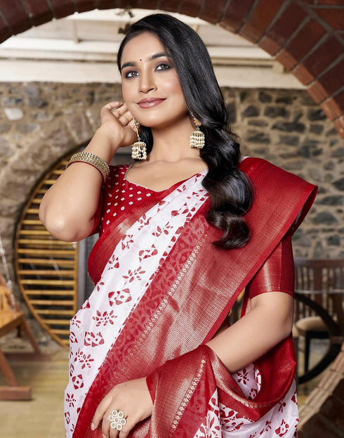 Vasthrlay Womens Printed Unstitched White Saree