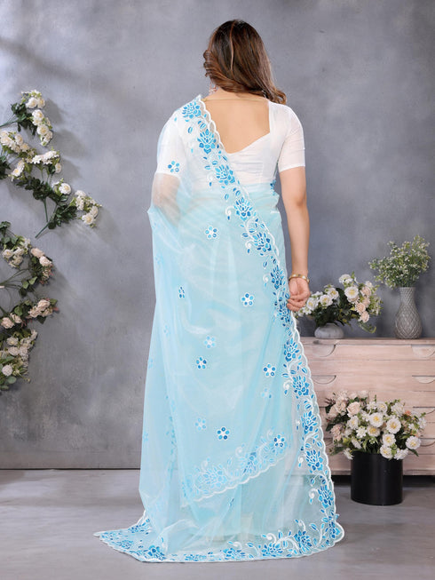Vasthrlay Blue Embroidery Unstitched Saree
