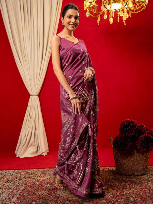 Vasthrlay Vichitra Printed Unstitched Maroon Saree