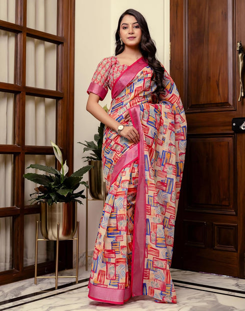 Vasthrlay Womens Printed Unstitched White Saree