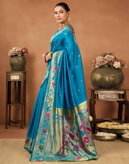 Vasthrlay Womens Paithani Teal Blue Saree With Unstitched Blouse Piece