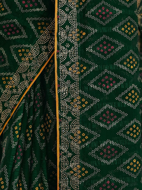 Vasthrlay Georgette Bandhani Dark Green Saree With Unstitched Blouse Piece
