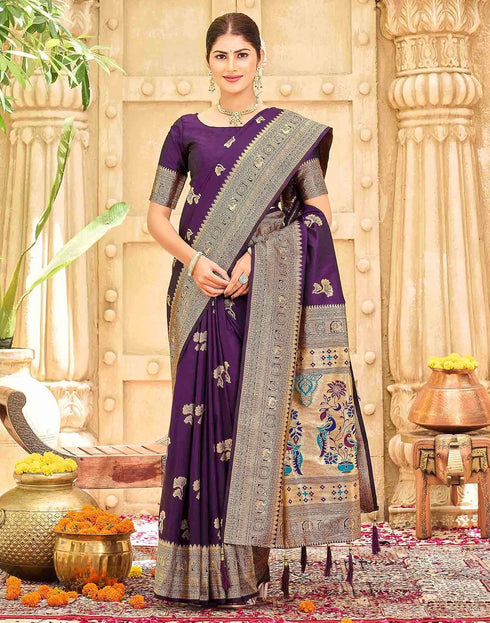 Vasthrlay Womens Paithani Purple Saree With Unstitched Blouse Piece