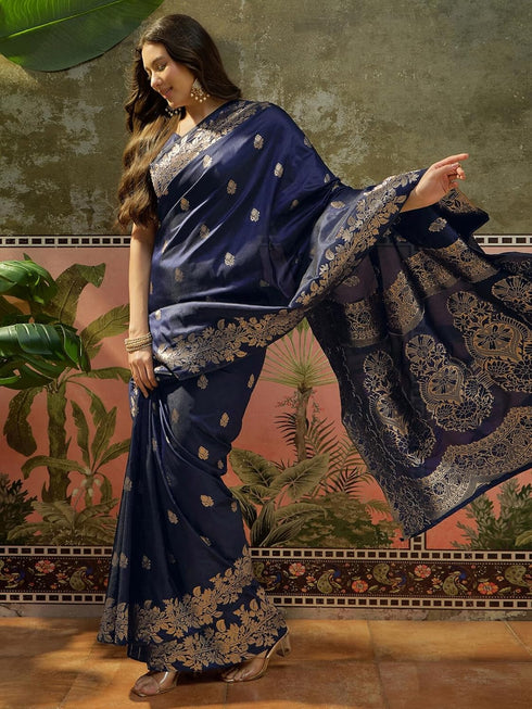 Vasthrlay Banarasi Jacquard Unstitched Navy Blue Saree