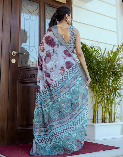 Vasthrlay Womens Printed Unstitched White Saree