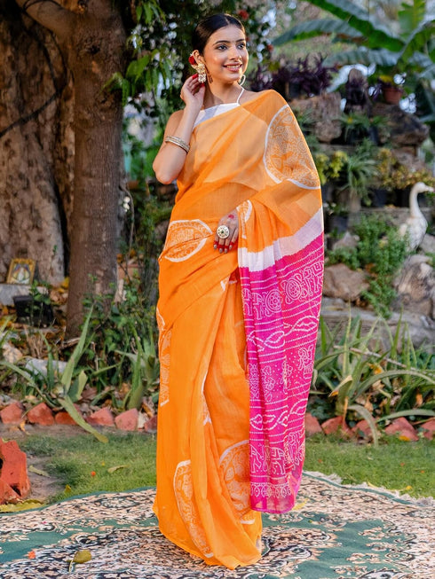 Vasthrlay Bandhani Printed Unstitched Peach Saree