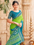 Vasthrlay Georgette Printed Parrot Green Saree With Teal Blue Unstitched Blouse Piece