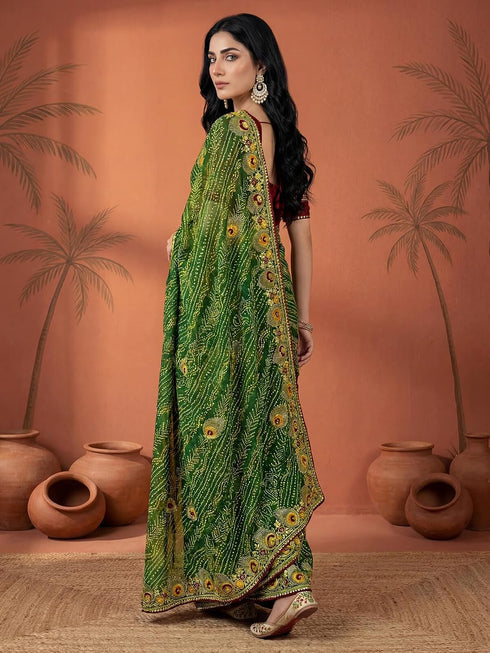 Vasthrlay Georgette Embroidery Green Saree With Maroon Unstitched Blouse Piece