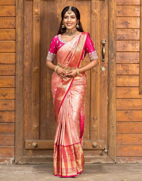 Vasthrlay Banarasi Jacquard Unstitched Beige Saree