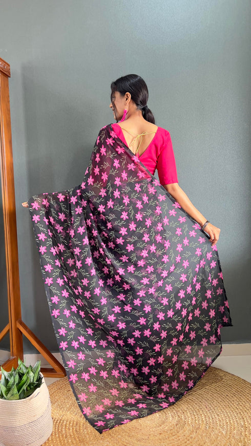 Vasthrlay Black Georgette Printed Unstitched Saree