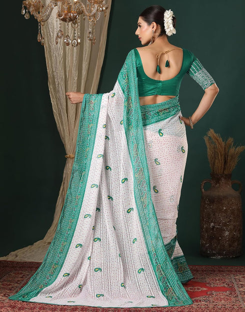 Vasthrlay Georgette Bandhani Unstitched White Saree