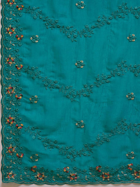 Vasthrlay Shimmer Embroidery Turquoise Saree