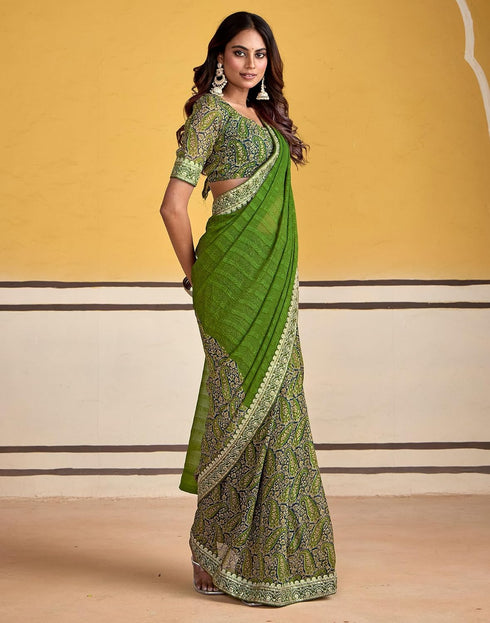 Vasthrlay Georgette Embroidery White And Black Saree With Unstitched Blouse Piece