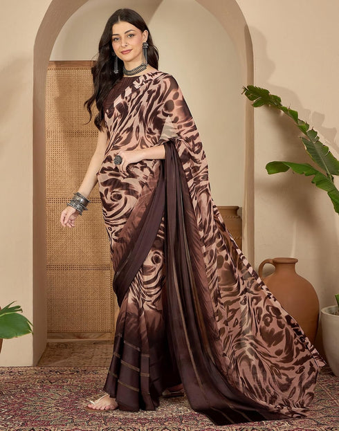 Vasthrlay Printed Georgette Brown Saree With Unstitched Blouse Piece