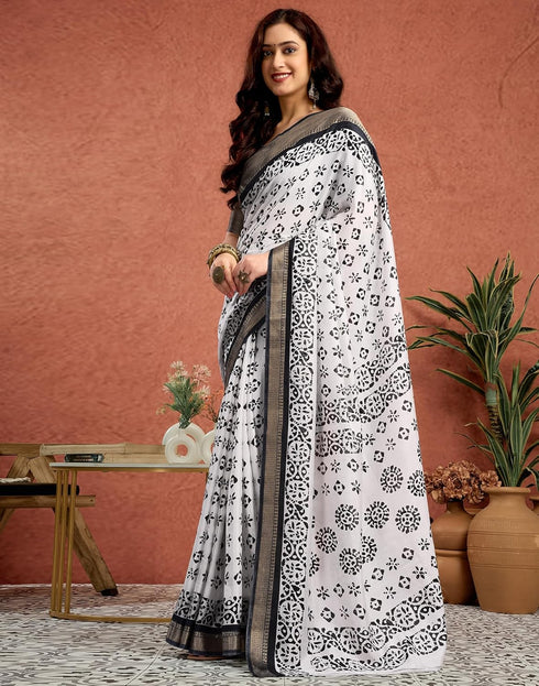 Vasthrlay Womens Printed Unstitched White Saree