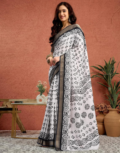 Vasthrlay Womens Printed White And Black Border Saree With Unstitched Blouse Piece