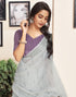 Vasthrlay Printed Striped Grey Saree With Purple Unstitched Blouse Piece
