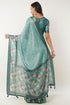 Vasthrlay Turquoise Blue Patchwork Print Polyester Saree With Zari Border And Unstitched Blouse Piece
