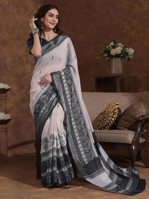 Vasthrlay Weaving Printed Beige Saree