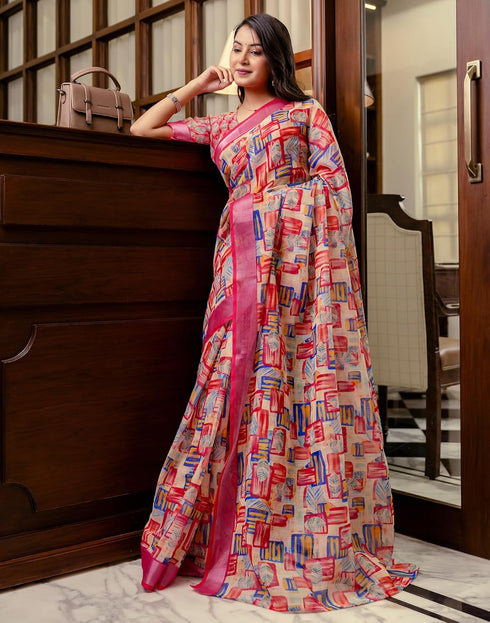 Vasthrlay Womens Printed Unstitched White Saree
