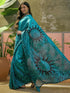 Vasthrlay Womens Printed Teal Blue Saree With Black Unstitched Blouse Piece