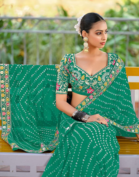 Vasthrlay Georgette Bandhani Unstitched Yellow Saree