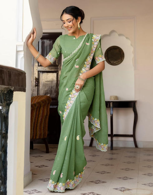 Vasthrlay Embroidery Scalloped Unstitched Maroon Saree