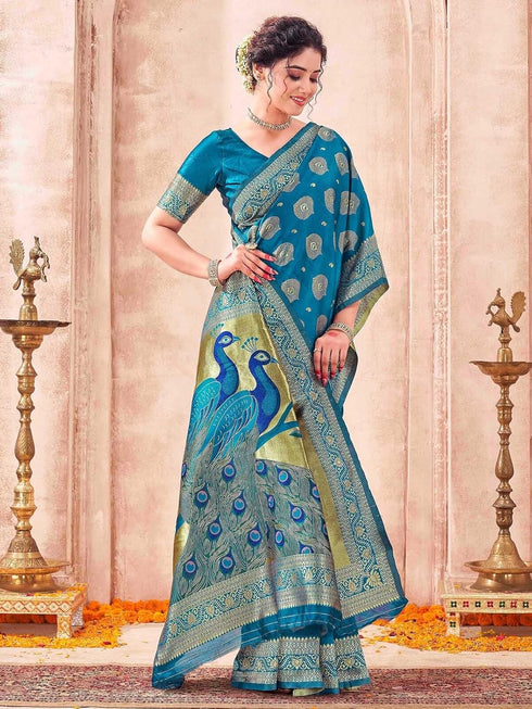Vasthrlay Weaving Banarasi Unstitched Peacock Blue Saree