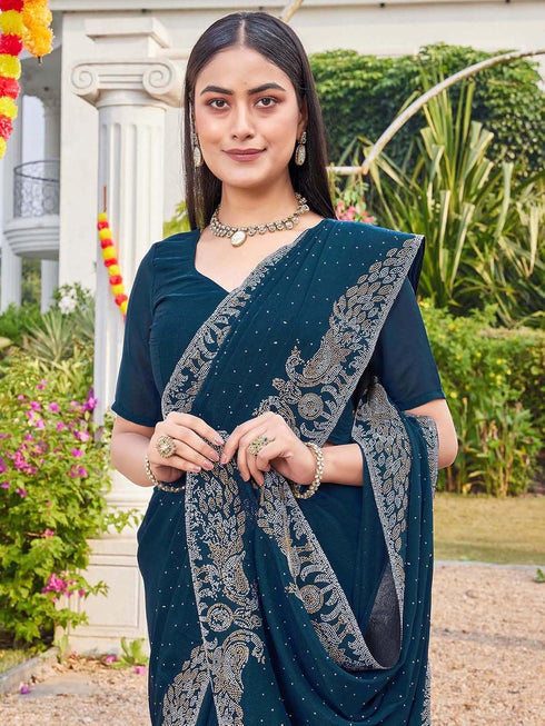 Vasthrlay Scalloped Embroidery Dark Saree