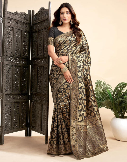 Vasthrlay Womens Jacquard Black Saree With Unstitched Blouse Piece