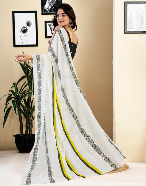 Vasthrlay Womens Printed Unstitched White Saree