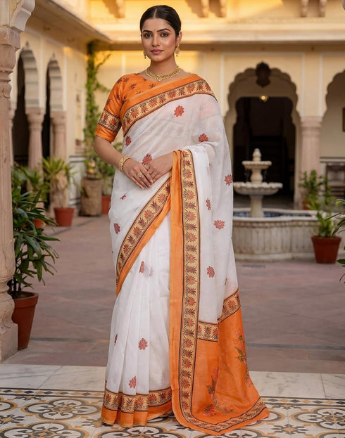 Vasthrlay Womens Printed Unstitched Peach Saree