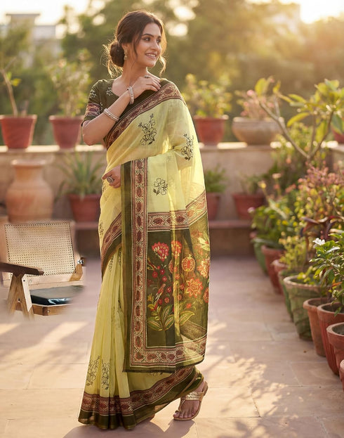 Vasthrlay Womens Printed Unstitched Olive Green Saree