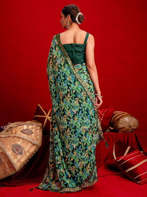 Vasthrlay Chiffon Tassels Unstitched Dark Green Saree