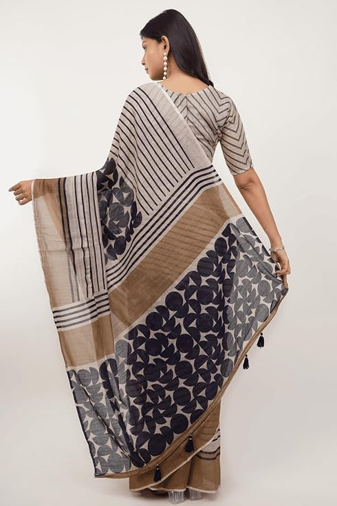 Vasthrlay Beige Multi Print Design Linen Ready To Wear Saree For Women
