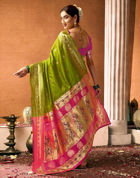 Vasthrlay Paithani Banarasi Green And Pink Saree With Unstitched Blouse Piece
