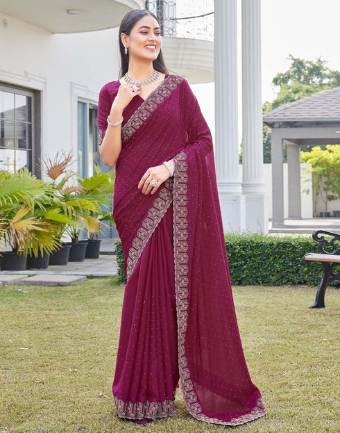 Vasthrlay Georgette Scalloped Unstitched Red Saree