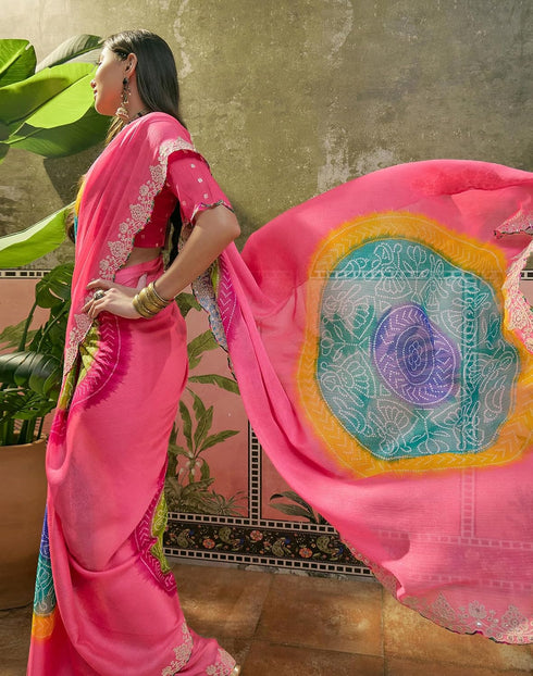 Vasthrlay Scalloped Embroidery Pink Saree With Unstitched Blouse Piece