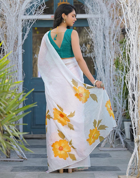 Vasthrlay Womens Printed Unstitched Off White Saree