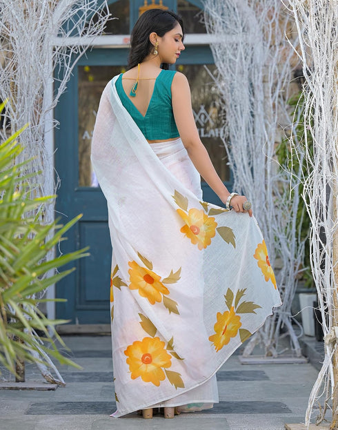 Vasthrlay Womens Printed White Saree With Blue Unstitched Blouse Piece