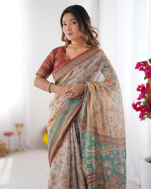 Vasthrlay Handloom Geometric Turquoise Saree