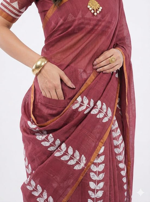Vasthrlay Maroon Women'S Chevron Printed Linen Saree