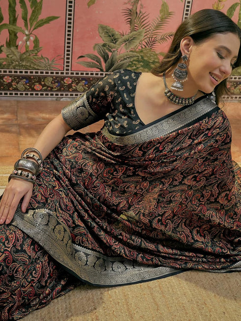 Vasthrlay Georgette Jacquard Unstitched Black Saree