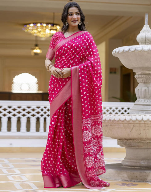 Vasthrlay Womens Printed Pink Saree With Unstitched Blouse Piece