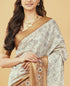 Vasthrlay Off White Geometric Triangle Print Polyester Saree With Muted Gold Zari Border And Teal Blue Ruched Unstitched Blouse Piece