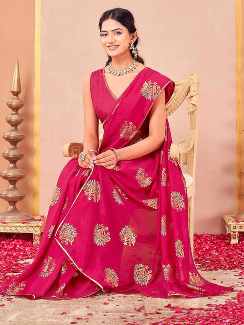 Vasthrlay Vichitra Printed Unstitched Rani Pink Saree