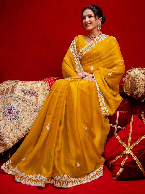 Vasthrlay Sequins Embroidery Turmeric Saree